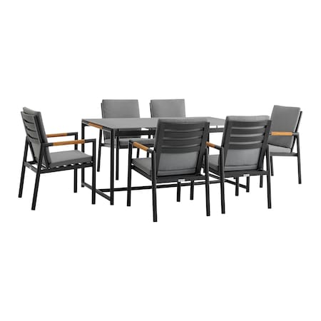 Armen Living Royal 7 Piece Black Aluminum and Teak Outdoor Dining Set with Dark Gray Fabric 840254332843